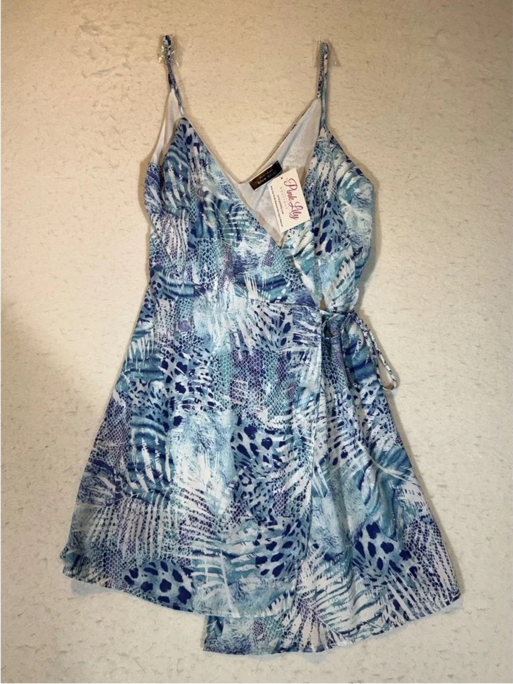 Pink Lily Blue Abstract Print Wrap Mini Dress
